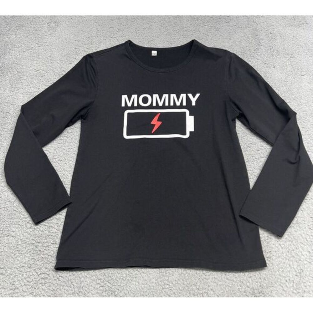 MOMMY  Women Shirt Battery Charging‎ Up Top Size Large Black Long Sleeve Fleece